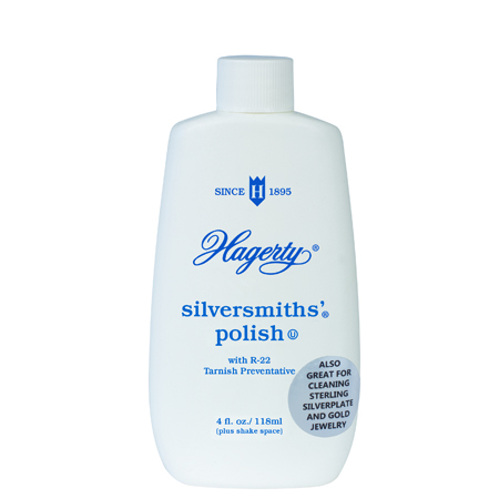 Hagerty Silversmiths' Polish for Jewelry: A gentle, liquid silver polish that cleans, polishes, and prevents tarnish on sterling silver plate, and gold. Can be rinsed or buffed away.